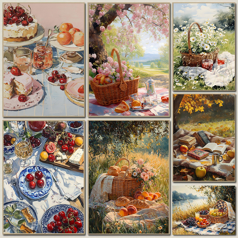 Resin Art Dining Table - Sunny Vintage Picnic Scene Oil Painting