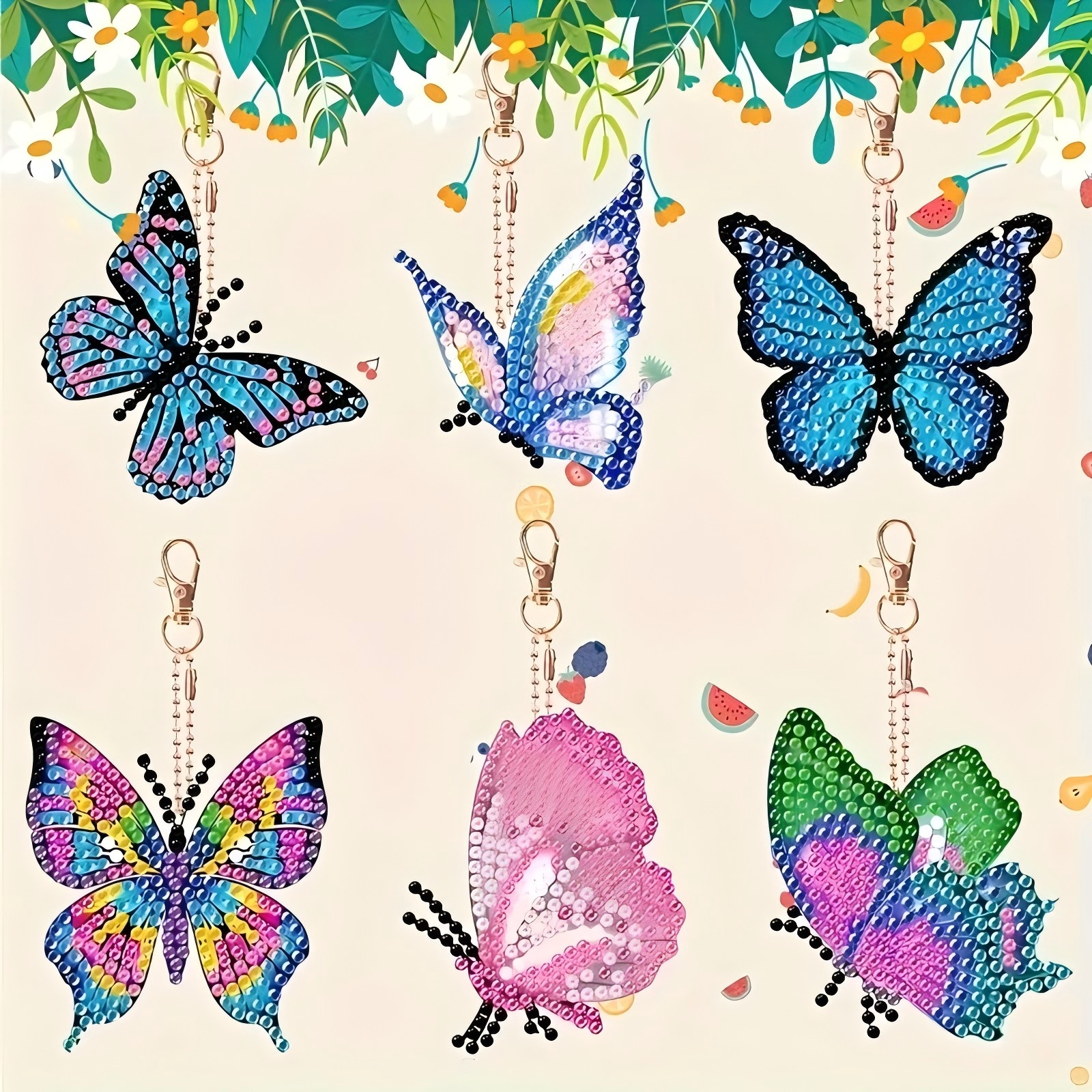 Resin Art Keychain - 6 Butterfly Diamond Drawing Keychain Set