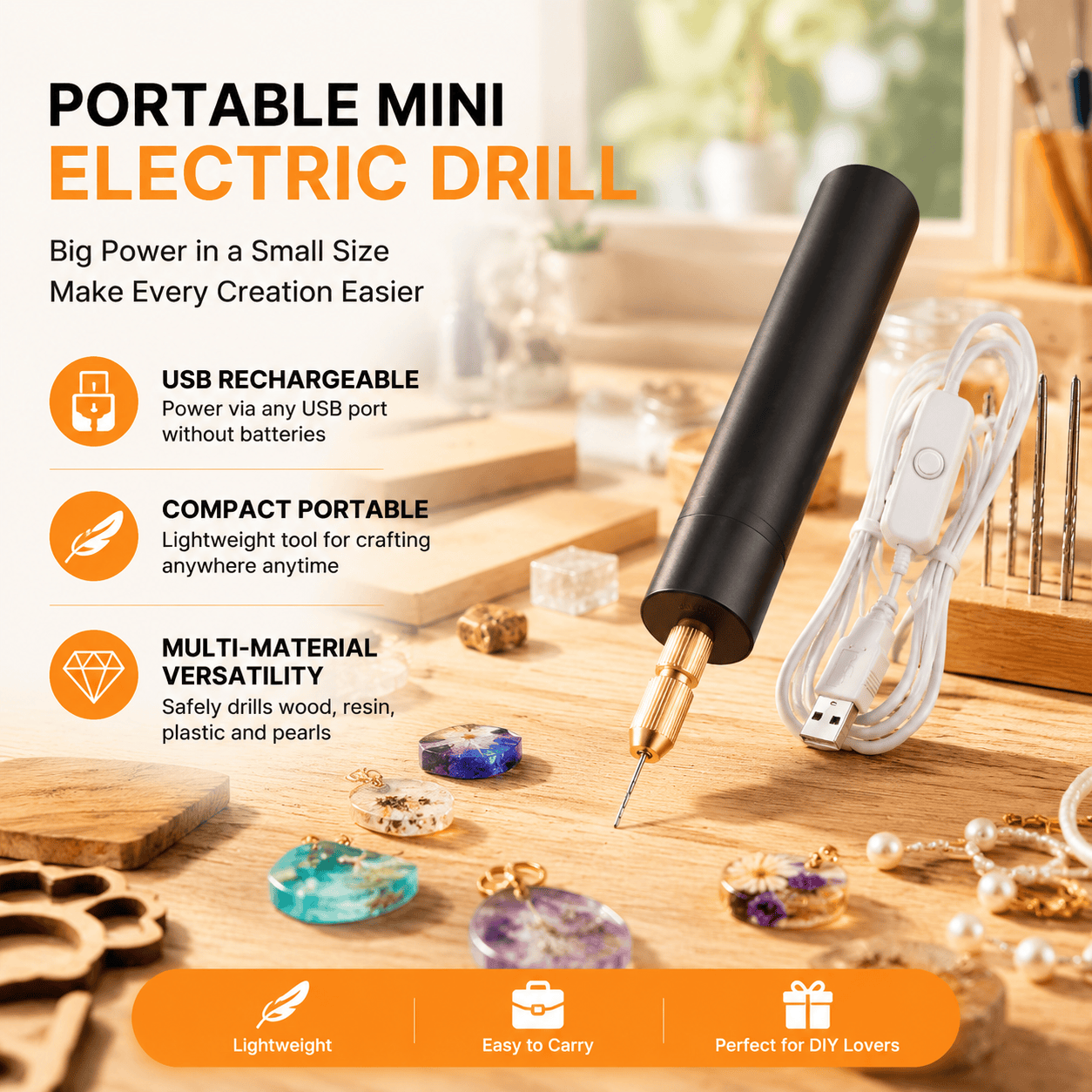 Resin Art Keychain - Portable Mini Electric Drill USB Rechargeable